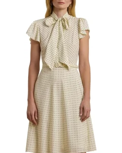 Polka-Dot Belted Crepe Tie-Neck Dress