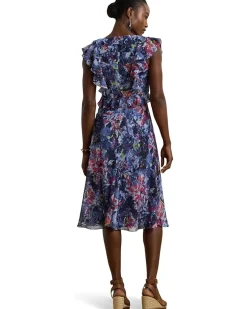 Print Ruffle-Trim Georgette Midi Dress