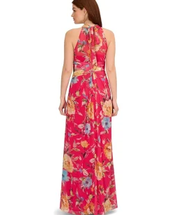 Printed Chiffon Mock Neck Halter Long Gown