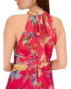 Printed Chiffon Mock Neck Halter Long Gown