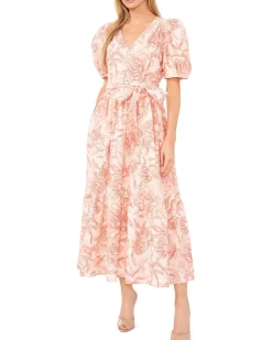 Printed Linen Puff Sleeve V-Neck Maxi Dress