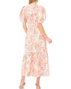 Printed Linen Puff Sleeve V-Neck Maxi Dress