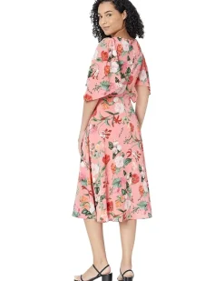Printed Pebble Crepe Boatneck High-Low Flutter Sleeve Midi