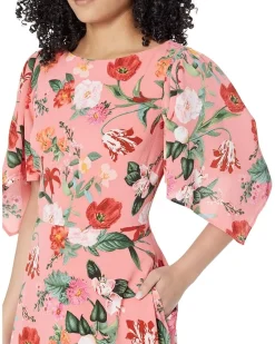 Printed Pebble Crepe Boatneck High-Low Flutter Sleeve Midi