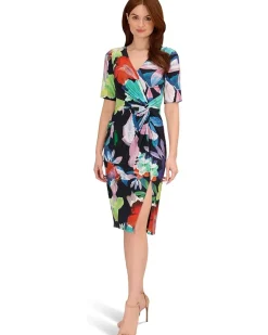 Printed Stretch Crepe Chiffon Short Sleeve Side Wrap Dress