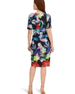 Printed Stretch Crepe Chiffon Short Sleeve Side Wrap Dress