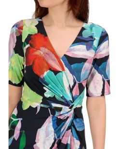 Printed Stretch Crepe Chiffon Short Sleeve Side Wrap Dress