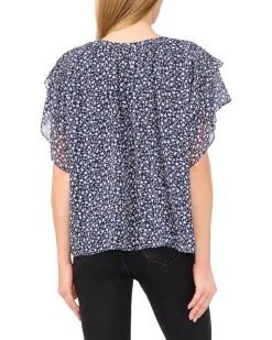 Printed Tie Neck Double Ruffled Sleeve Top