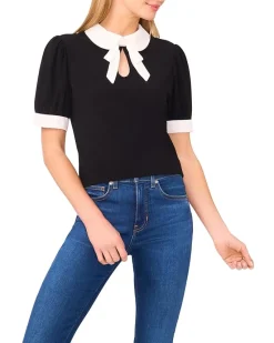 Puff Short Sleeve Contrast Collar & Bow Top