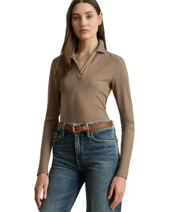 Rib-Knit Long-Sleeve Polo Top