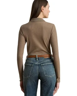 Rib-Knit Long-Sleeve Polo Top