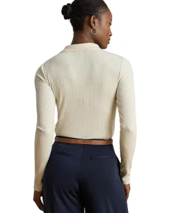 Rib-Knit Long-Sleeve Polo Top
