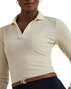 Rib-Knit Long-Sleeve Polo Top