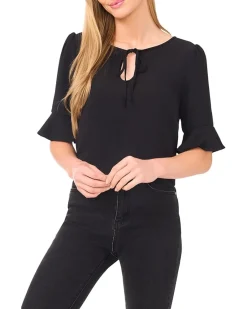 Ruffle Cuff Split Tie Neck Top