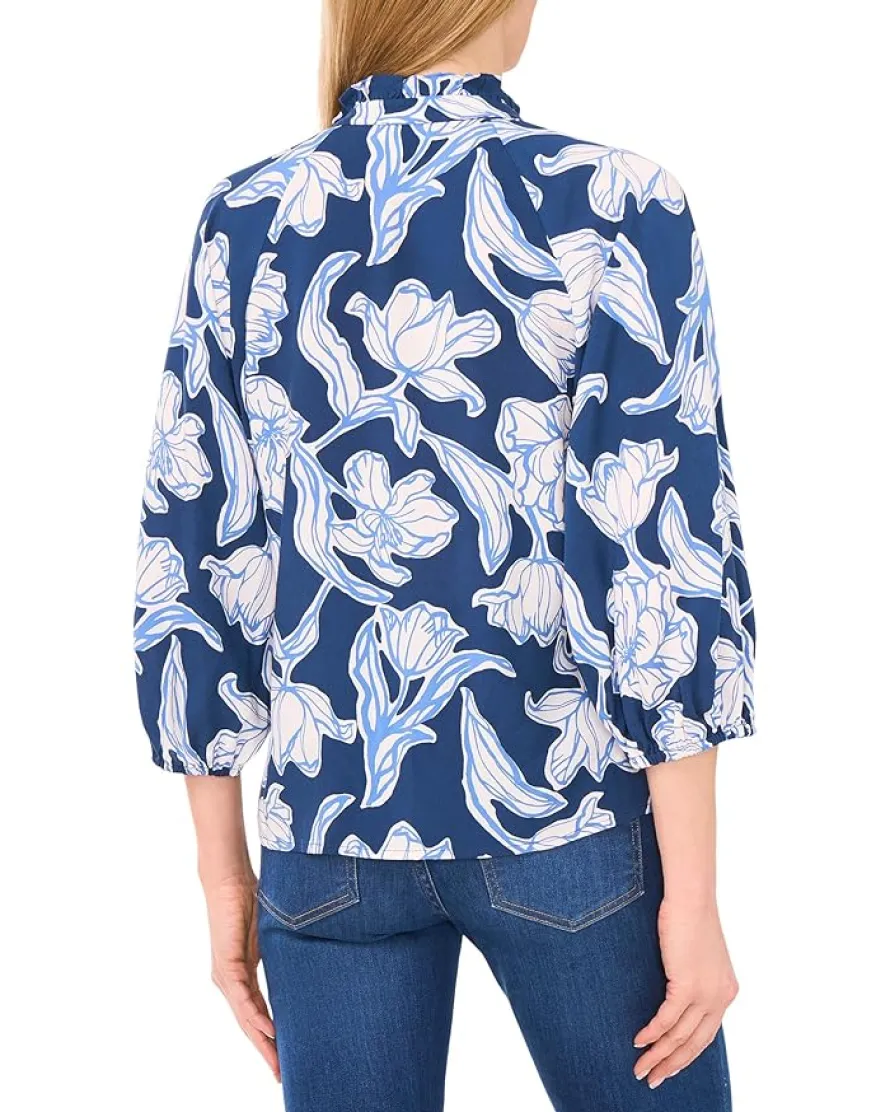 Ruffle Neck Raglan Seam Split Neck Blouse