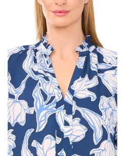 Ruffle Neck Raglan Seam Split Neck Blouse