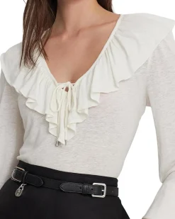 Ruffle-Trim Jersey Tie-Neck Top