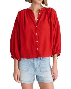 Shirred Crewneck Button-Up Top