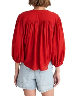 Shirred Crewneck Button-Up Top