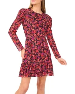 Shirred Long Sleeve Waist Tie Dress