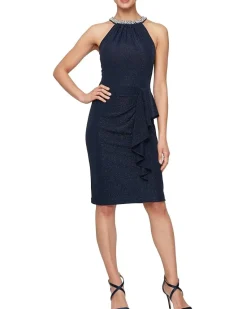 Short Metallic Knit Dress with Beaded Neckline Dark