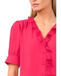 Short Puff Sleeve Button Down Ruffled Top