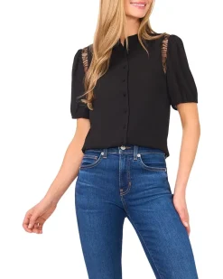 Short Sleeve Button Front Lace Trim Top