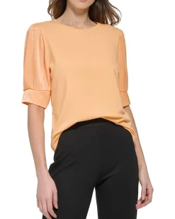 Short Sleeve Crew Neck Satin Twist Sleeve Top