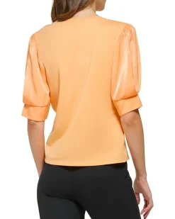 Short Sleeve Crew Neck Satin Twist Sleeve Top