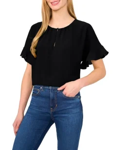 Short Sleeve Half Button Flowy Blouse