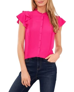 Short Sleeve Pin Tuck Ruffled Blouse
