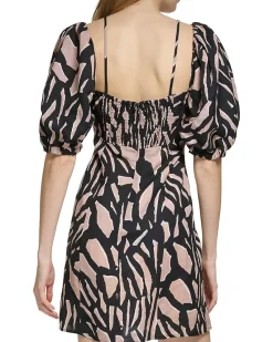 Short Sleeve Printed Linen Shoulder Strap Midi Dress