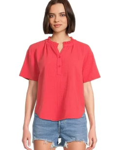 Short Sleeve Ruffle Neck Henley Top