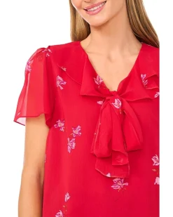 Short Sleeve Ruffle Tie Neck Top