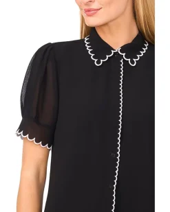 Short Sleeve Scallop Contrast Trim Button Up Top