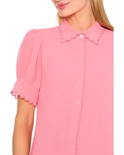 Short Sleeve Scalloped Collar & Cuff Button-Up Blouse
