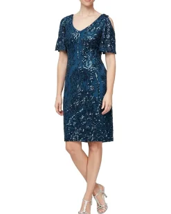 Short V Neckline Sheath Dress with Cold-Shoulder Flutter Sleeves