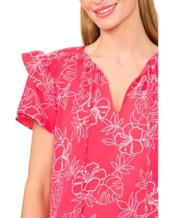 Shoulder Smocking Ruffle Sleeve Tie Top