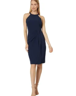 Side Tuck Halter Bodycon Dress in Stretch Crepe