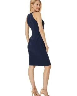 Side Tuck Halter Bodycon Dress in Stretch Crepe