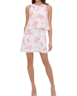 Sleeveless Crescent Floral Double Layer Chiffon Dress