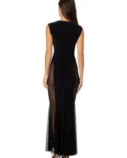 Sleeveless Crewneck Fishtail Gown w/Mesh Sides