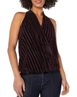 Sleeveless Crossover Knit Top W/ Velvet Stripes