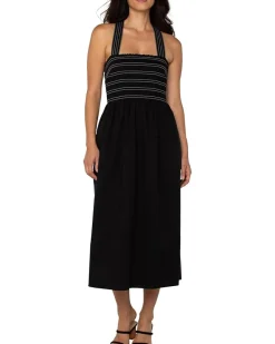 Sleeveless Smocked Woven Midi Dress With Trapunto Straps