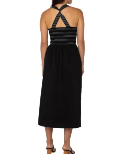 Sleeveless Smocked Woven Midi Dress With Trapunto Straps