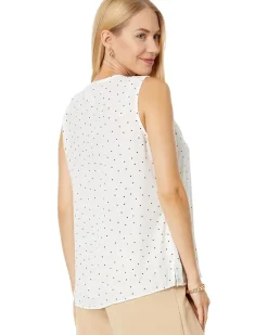 Sleeveless V-Neck Ruffle Front Pindot Blouse