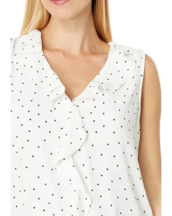 Sleeveless V-Neck Ruffle Front Pindot Blouse
