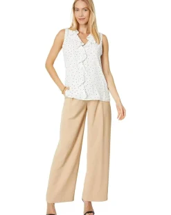 Sleeveless V-Neck Ruffle Front Pindot Blouse