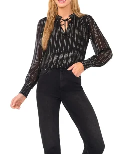 Smocked Cuff Ruffle Tie Neck Top