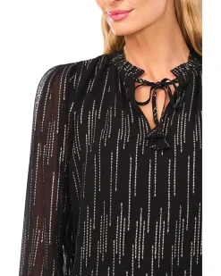 Smocked Cuff Ruffle Tie Neck Top